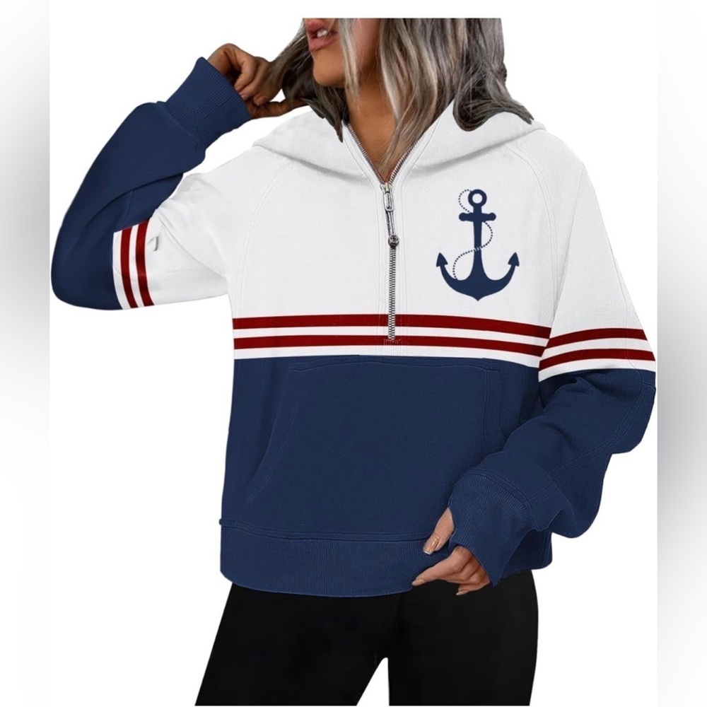 Y2K Nautical ANCHOR Half Zip Hoodie Jacket Pullover Cropped Women's XL Oversized - Picture 2 of 16